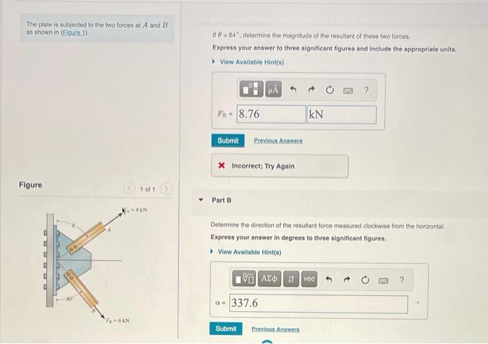 Solved The plate is subjected to the two forces at A and B | Chegg.com
