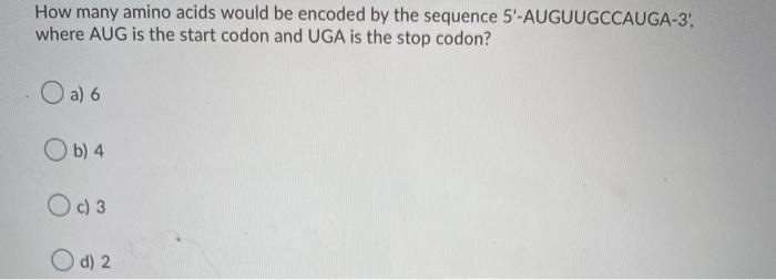 Solved How many amino acids would be encoded by the sequence | Chegg.com