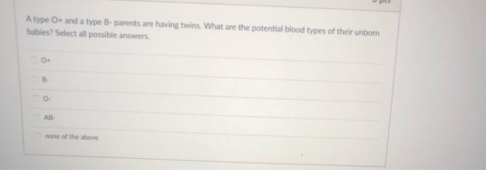 Solved A Type O+ And A Type B- Parents Are Having Twins. | Chegg.com