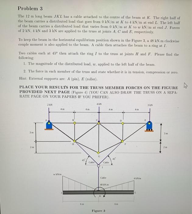 Solved Problem 3 The 12 M Long Beam Jkl Has A Cable Attac Chegg Com