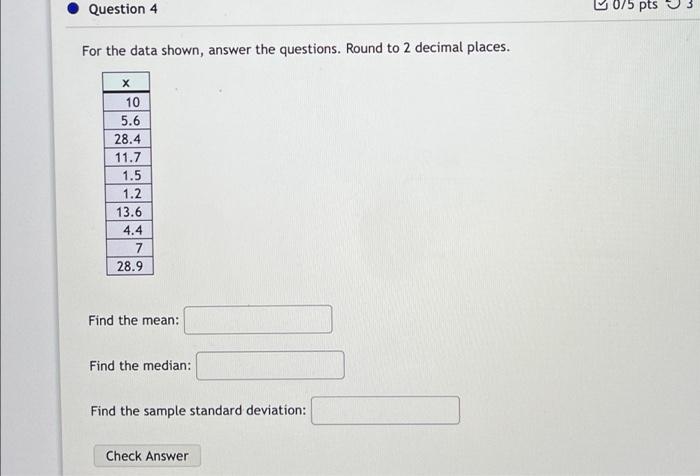 Solved Question 4 0/5 pts For the data shown, answer the | Chegg.com