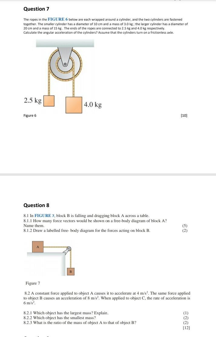 Question 7
The ropes in the FIGURE 6 below are each wrapped around a cylinder, and the two cylinders are fastened
together. T