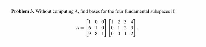 Solved Problem 3. Without computing A, find bases for the | Chegg.com