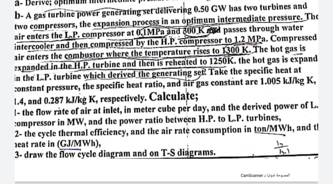 Solved B- A Gas Turbinc Power Generatingsetdeelivering | Chegg.com