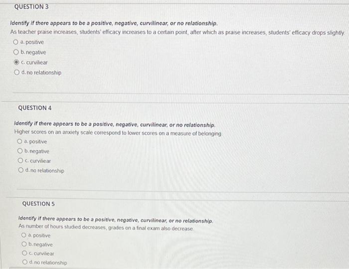 Identify if there appears to be a positive, negative, curvilinear, or no relationship.
As teacher praise increases, students