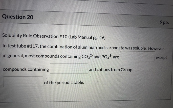 Question 20 9 pts Solubility Rule Observation 10