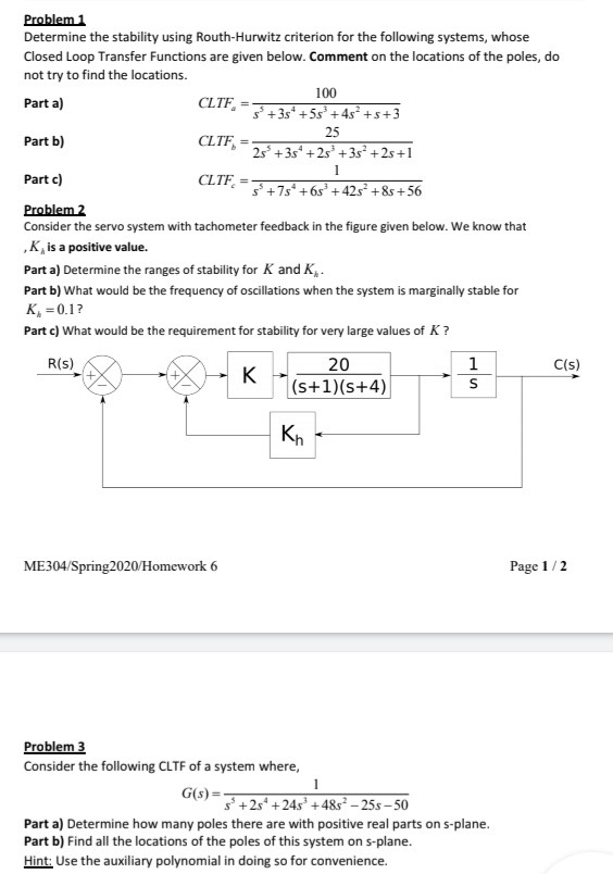 Solved Problem 1 Determine The Stability Using Routh-Hurwitz | Chegg.com