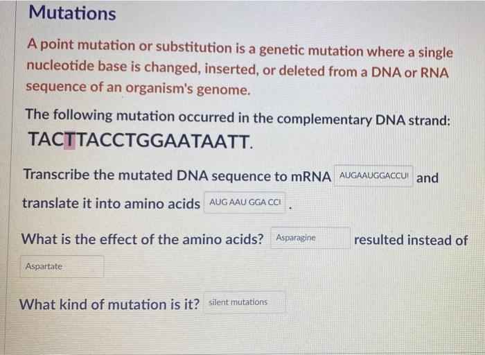 Solved Mutations A point mutation or substitution is a | Chegg.com