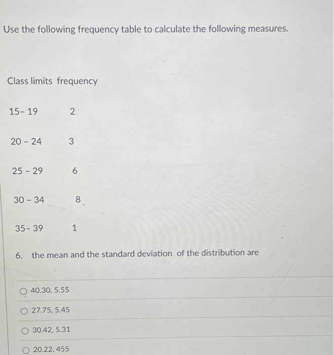 Solved Use the following frequency table to calculate the | Chegg.com
