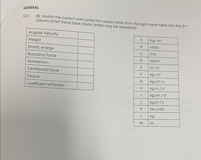 Solved GENERAL QI) (8) Match the correct units (write the | Chegg.com