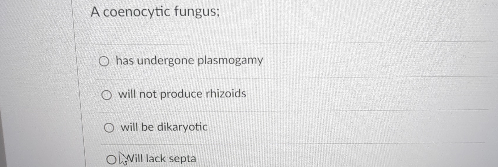 Solved A coenocytic fungus;has undergone plasmogamywill not | Chegg.com