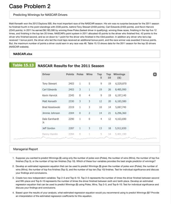 Solved Case Problem 2 Predicting Winnings For NASCAR Drivers | Chegg.com