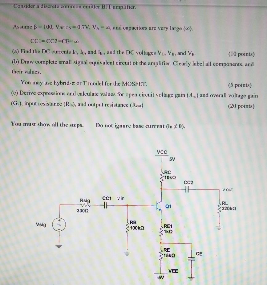 Solved Consider a discrete common emitter BJT amplifier. | Chegg.com