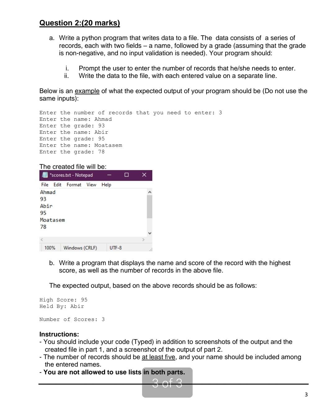 Solved Question 2:(20 marks) a. Write a python program that | Chegg.com