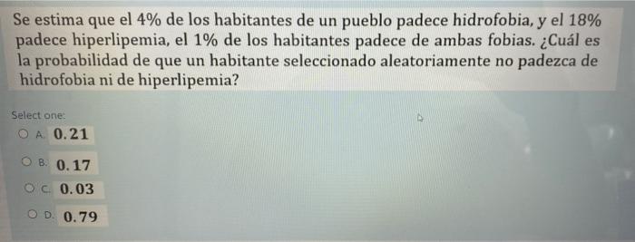 Se estima que el 4% de los habitantes de un pueblo padece hidrofobia, y el 18% padece hiperlipemia, el 1% de los habitantes p