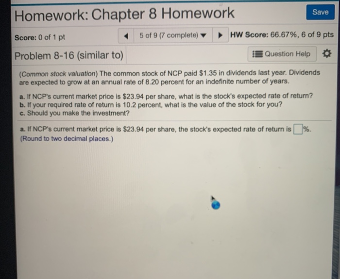 Solved Save Homework: Chapter 8 Homework Score: 0 of 1 pt 5 | Chegg.com