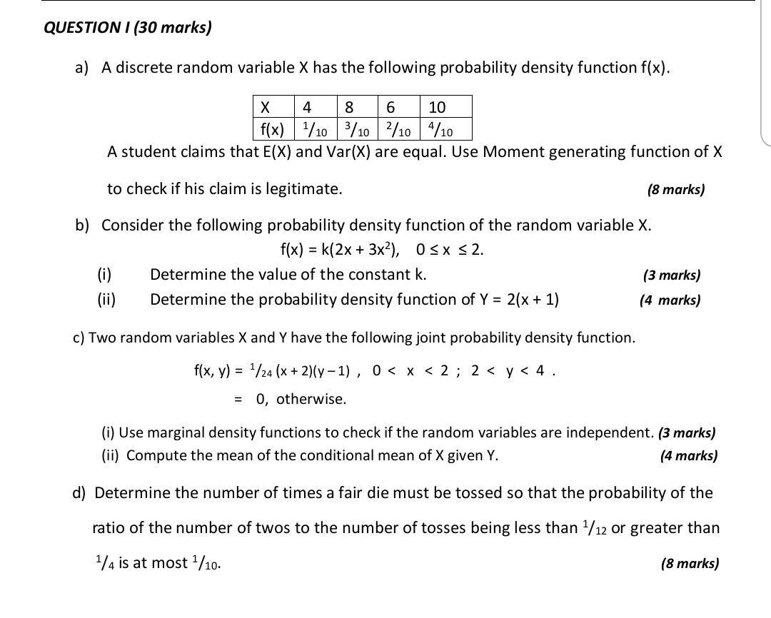 Solved a) A discrete random variable X has the following | Chegg.com
