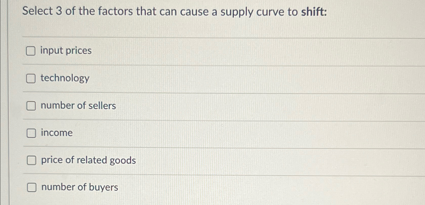 Solved Select 3 ﻿of the factors that can cause a supply | Chegg.com
