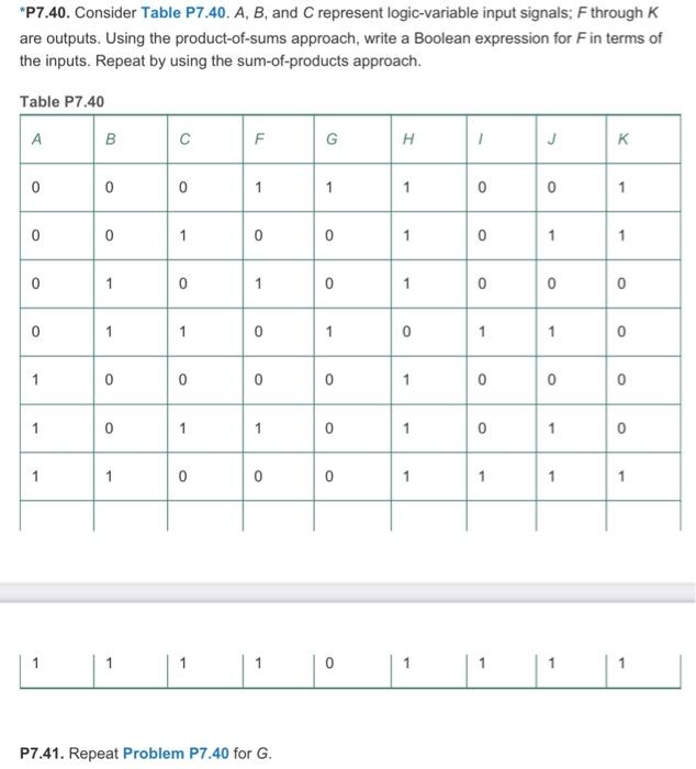 Solved "P7.40. Consider Table P7.40. A, B, and C represent | Chegg.com