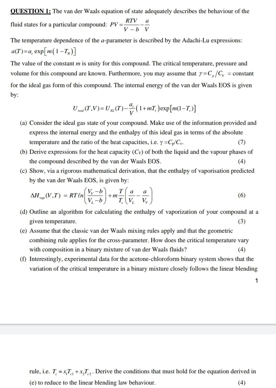 Solved QUESTION 1: The van der Waals equation of state | Chegg.com