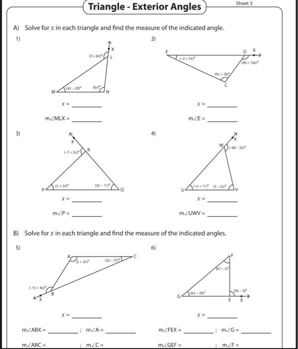 Solved Sheet 3 Triangle - Exterior Angles A) Solve for x in | Chegg.com