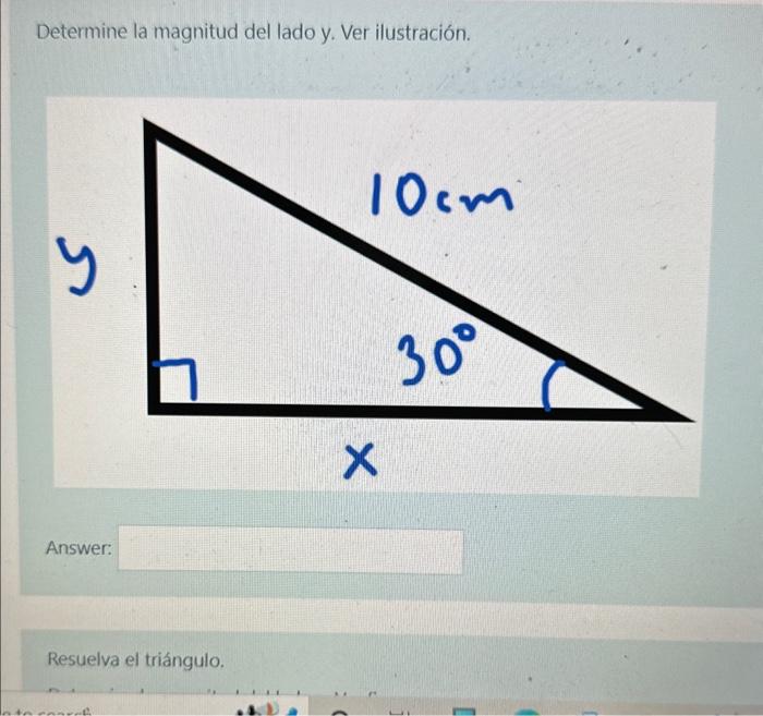 Determine la magnitud del lado y. Ver ilustración. Resuelva el triángulo.