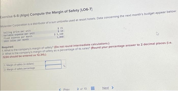 Solved Exercise 6-8 (Algo) Compute the Margin of Safety | Chegg.com