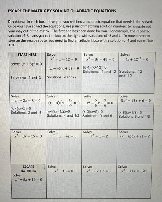 Solved ESCAPE THE MATRIX BY SOLVING QUADRATIC EQUATIONS Chegg com