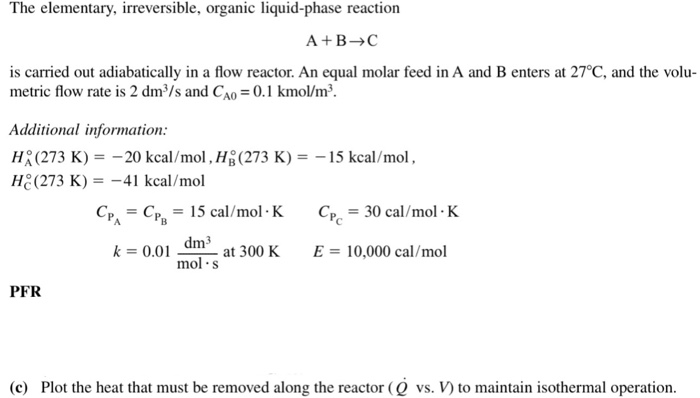 Solved The Elementary, Irreversible, Organic Liquid-phase | Chegg.com