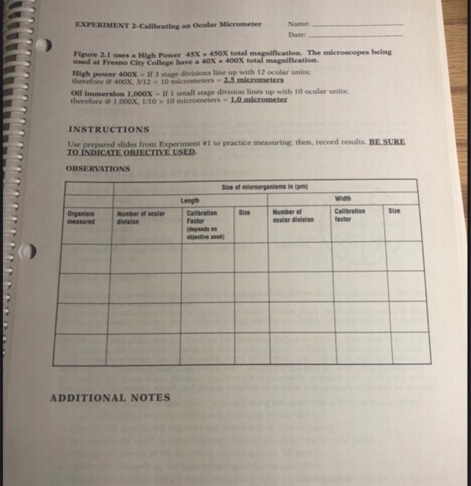 EXPERIMENT 2 Calibrating an Ocular Micrometer No