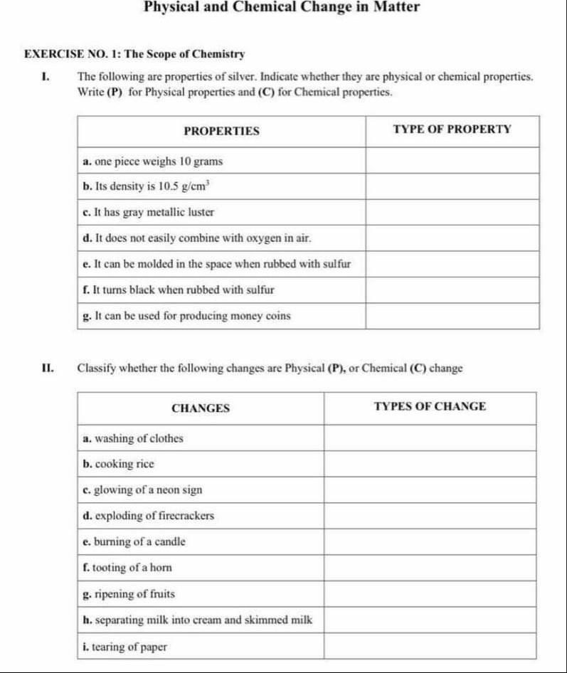 Solved Physical and Chemical Change in Matter EXERCISE NO. | Chegg.com