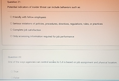 Solved Question 21:Potential indicators of insider threat | Chegg.com