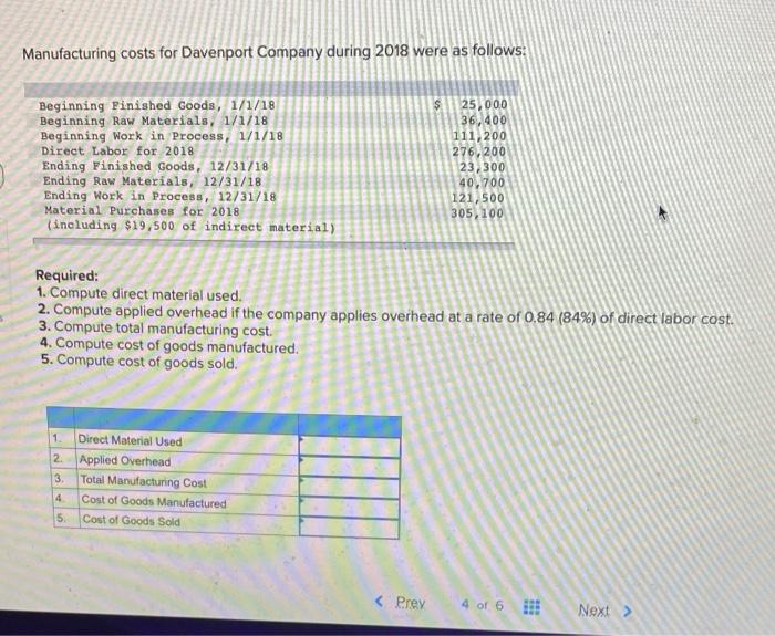 Solved Manufacturing costs for Davenport Company during 2018