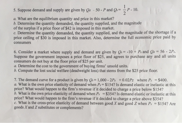 Solved 5. Suppose Demand And Supply Are Given By Qd - 50 - P | Chegg.com