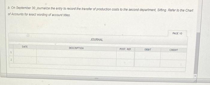 b. On September 30, journalize the entry to record the transfer of production costs to the second department, Sifting Refer t