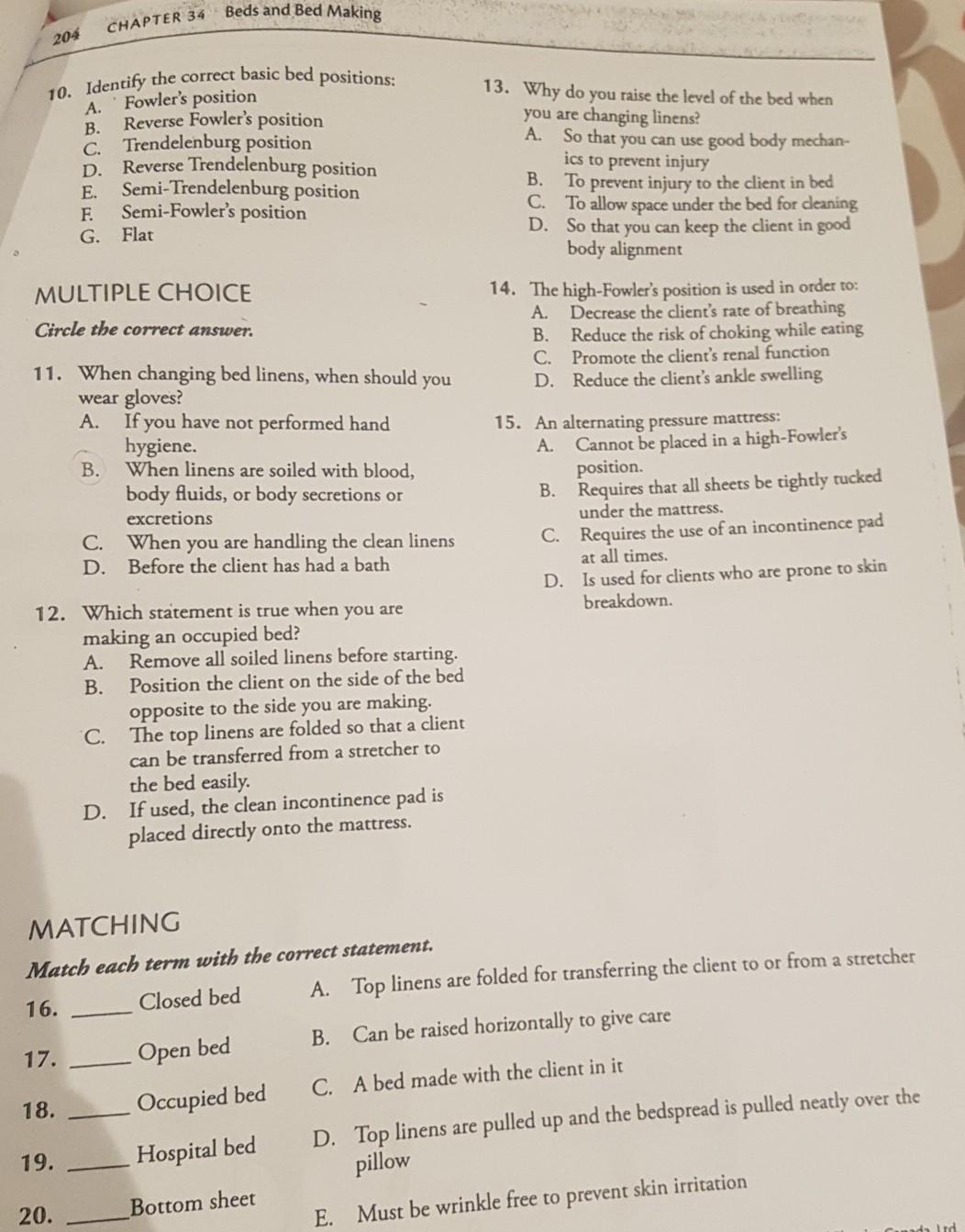 Solved Beds and Bed Making TRUE OR FALSE Circle T for true,