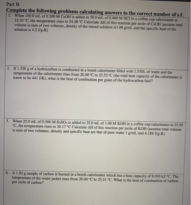 Solved Part B: Complete The Following Problems Calculating | Chegg.com