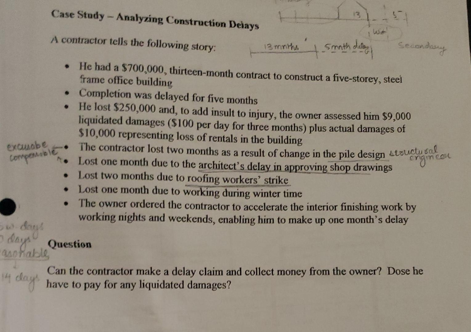 Solved Case Study-Analyzing Construction Delays A contractor | Chegg.com