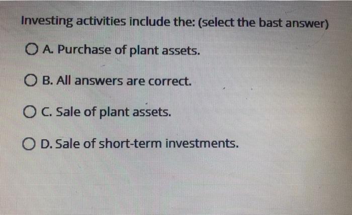 Investing activities include the purchase of plant assets carhartt vest white