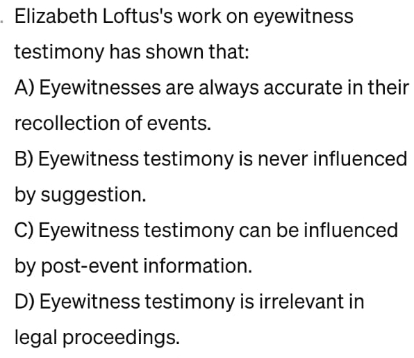 Solved Elizabeth Loftus's Work On Eyewitness Testimony Has | Chegg.com