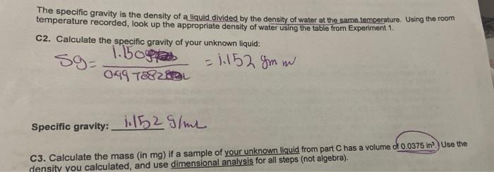 Solved The specific gravity is the density of a liquid | Chegg.com