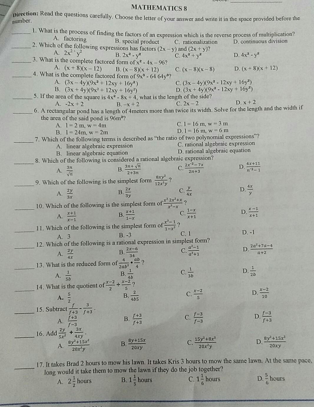 Solved MATHEMATICS 8 Direction: Read the questions | Chegg.com
