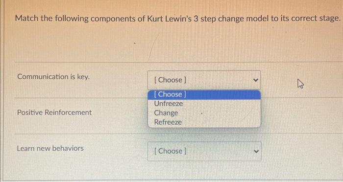 Solved Match the following components of Kurt Lewin's 3 step | Chegg.com