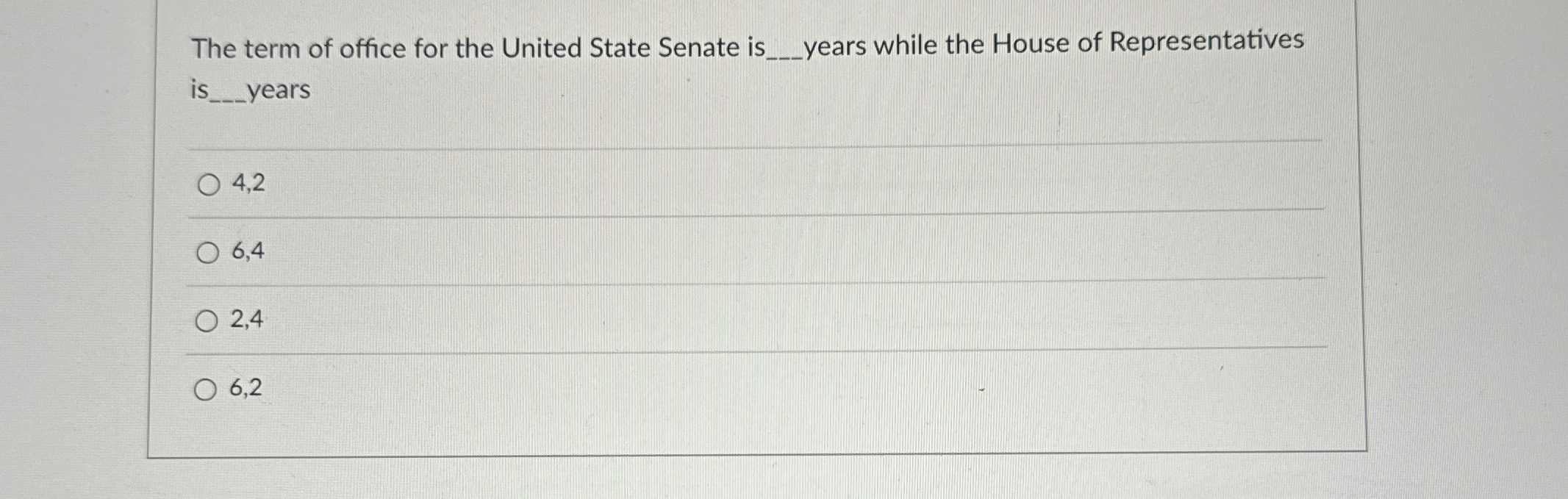 Solved The term of office for the United State Senate is | Chegg.com