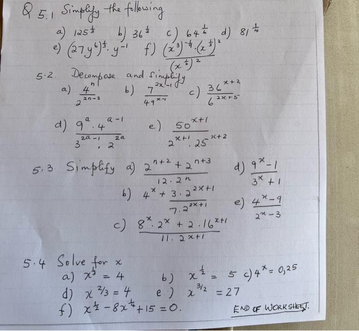 Solved b) 36 c) 647 d) 8, Q5.1 Simplify the following a)