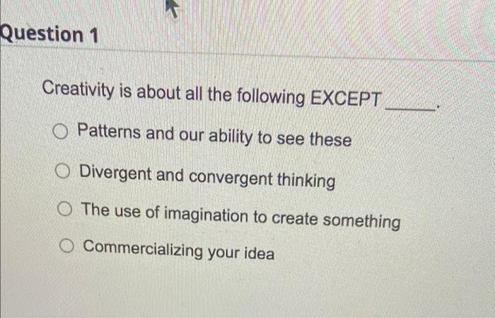 Solved Question 1 Creativity is about all the following | Chegg.com