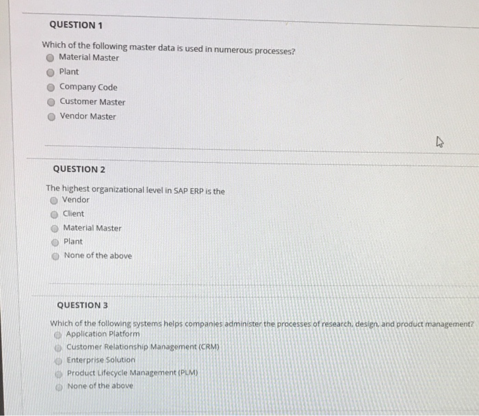 Solved QUESTION 1 Which of the following master data is used | Chegg.com