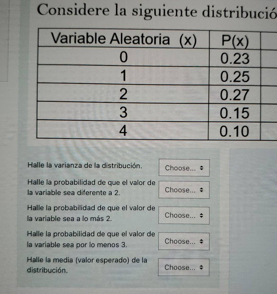 Considere la siguiente distribució Variable Aleatoria (x) P(x) 0 0.23 1 0.25 2 0.27 3 0.15 4 0.10 Halle la varianza de la dis