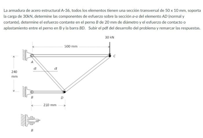 La armadura de acero estructural A-36, todos los elementos tienen una sección transversal de \( 50 \times 10 \mathrm{~mm} \),