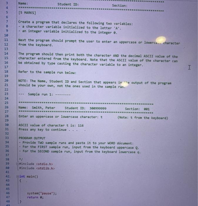Solved Name: Student ID: Section: [5 MARKS] B 0 Ow 7 8 9 | Chegg.com